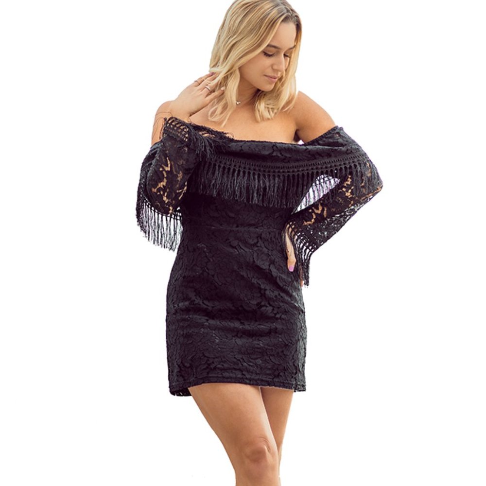 STUNNING Off the shoulder lace mini dress with fringe trim in black